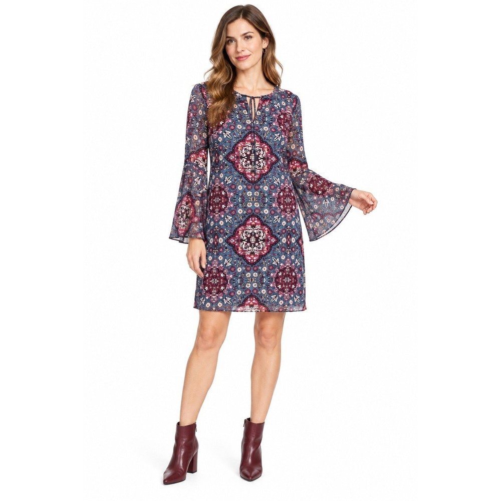 Floral Medallion Shift Dress S Bell Sleeve Tie Neck Blue Burgundy Boho Romantic